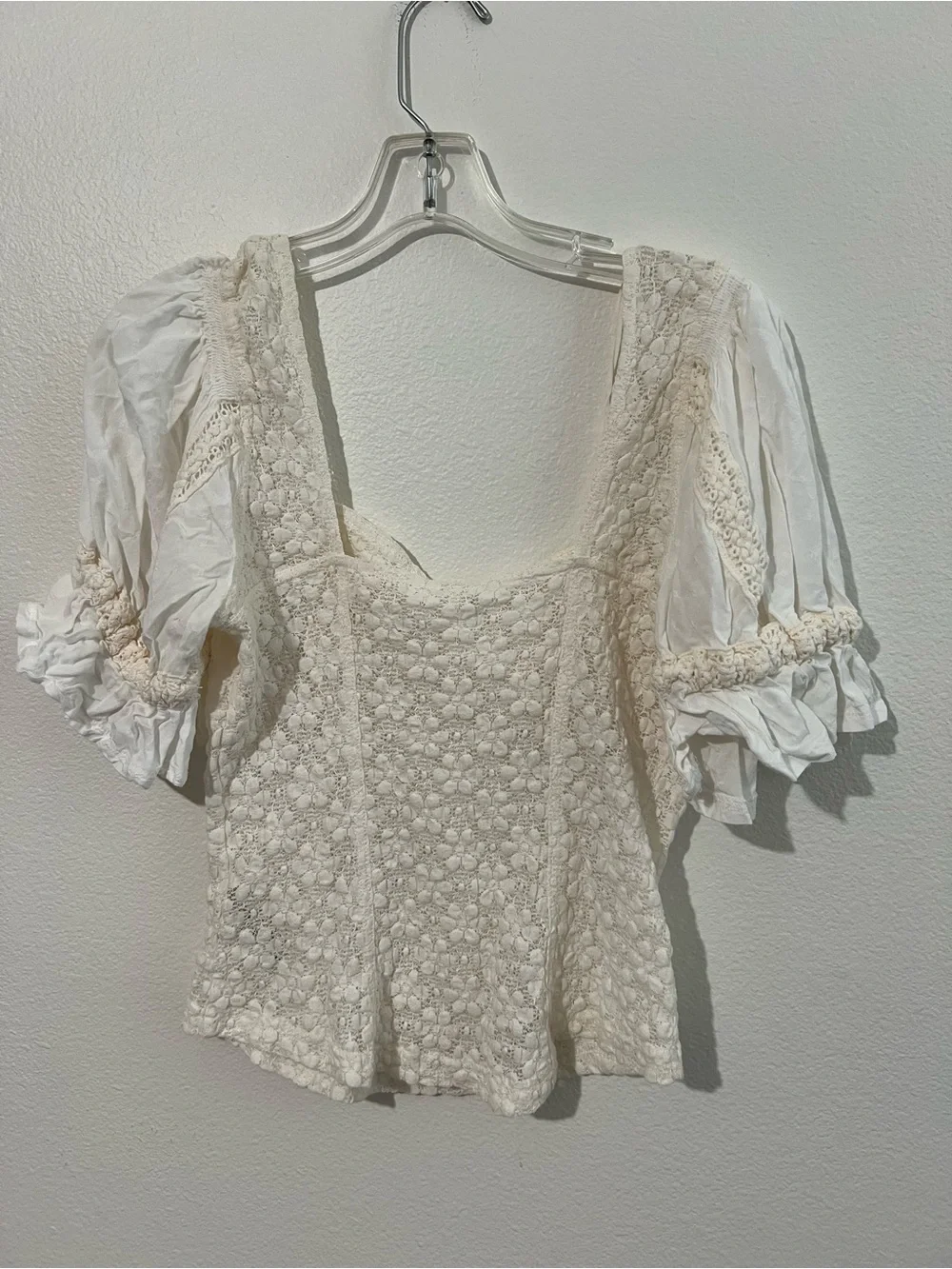 Free People Ivory Lace Square-Neck Puff Sleeve Top